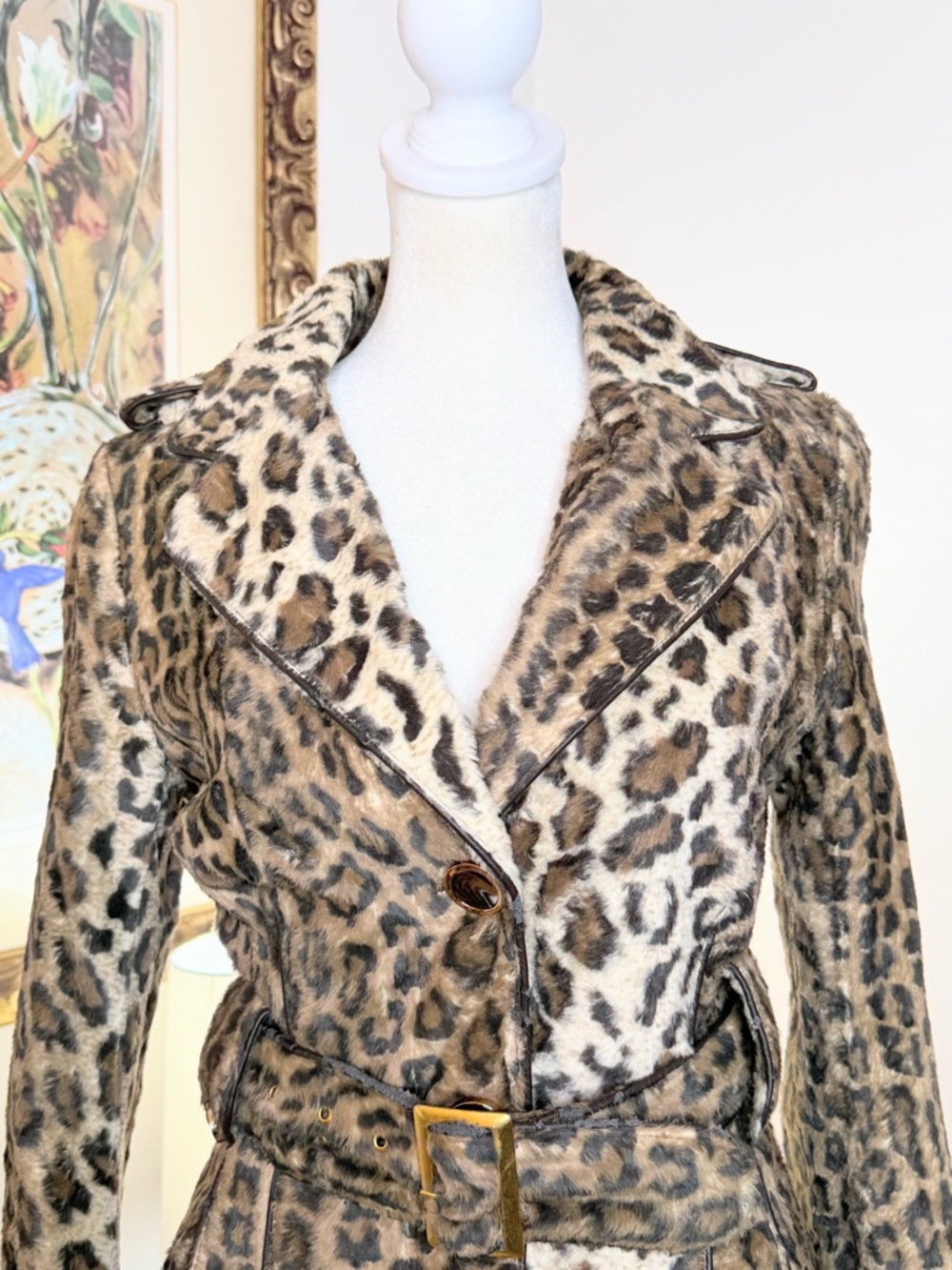 Members Only Leopard Faux Fur Trench Coat Belted XS Mob Wife NWT Flaw - Picture 2 of 13